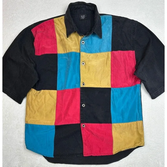 VTG MACHINE Patchwork Colorblock Denim Button Up Shirt & Jean Shorts Set Men's L
